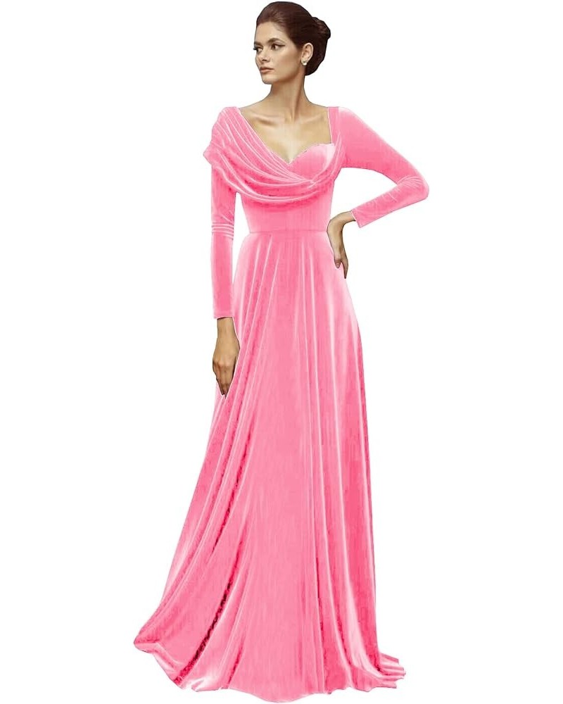 Long Sleeve Velvet Evening Dresses A-line Asymmetrical Neck Formal Wedding Guest Dress Pink $33.75 Dresses