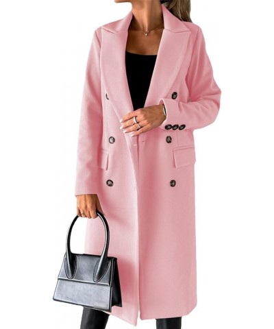 Womens Notched Long Sleeve Double Breasted Faux Wool Midi Trench Pea Coat Knee Length Long Outerwear Overcoat Pink $18.40 Coats