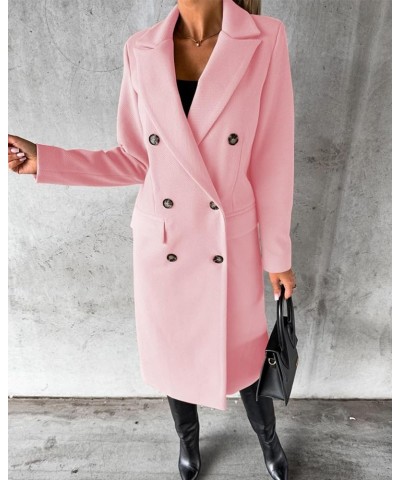 Womens Notched Long Sleeve Double Breasted Faux Wool Midi Trench Pea Coat Knee Length Long Outerwear Overcoat Pink $18.40 Coats