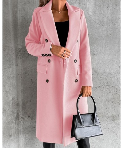 Womens Notched Long Sleeve Double Breasted Faux Wool Midi Trench Pea Coat Knee Length Long Outerwear Overcoat Pink $18.40 Coats