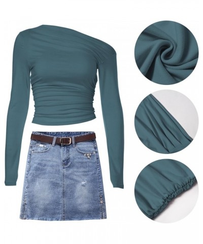 Women's Casual Long Sleeve Off Shoulder Crop Top Sexy Y2K Boat Neck Ruched Slim Fit Going Out Tops Fogblue $10.39 Tops