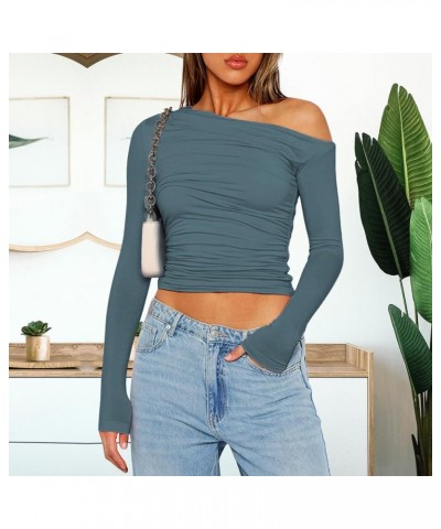 Women's Casual Long Sleeve Off Shoulder Crop Top Sexy Y2K Boat Neck Ruched Slim Fit Going Out Tops Fogblue $10.39 Tops