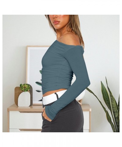 Women's Casual Long Sleeve Off Shoulder Crop Top Sexy Y2K Boat Neck Ruched Slim Fit Going Out Tops Fogblue $10.39 Tops