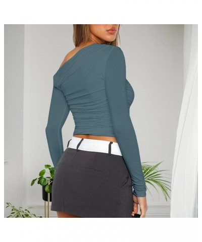 Women's Casual Long Sleeve Off Shoulder Crop Top Sexy Y2K Boat Neck Ruched Slim Fit Going Out Tops Fogblue $10.39 Tops