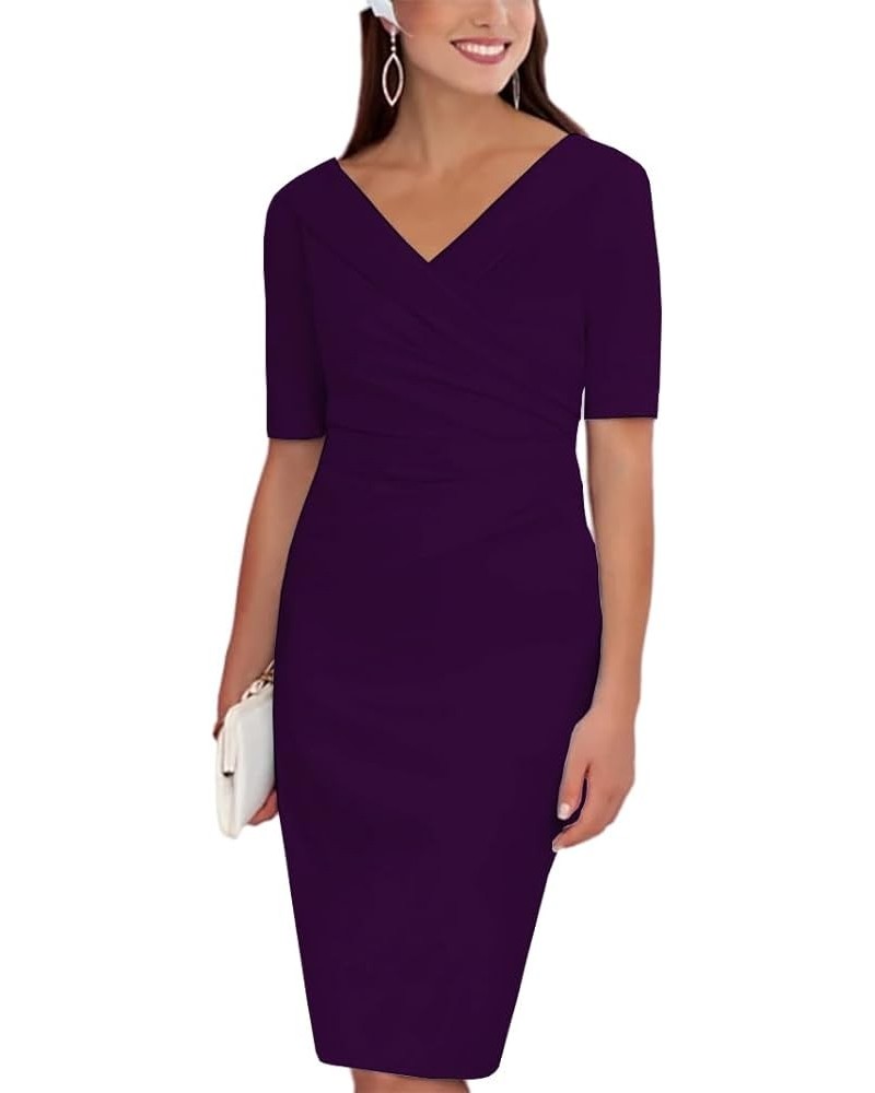 Sheath/Column Mother of The Bride Dress Wedding Guest Elegant Knee Short Sleeve with Ruching 2023 LY028 Grape $50.50 Dresses