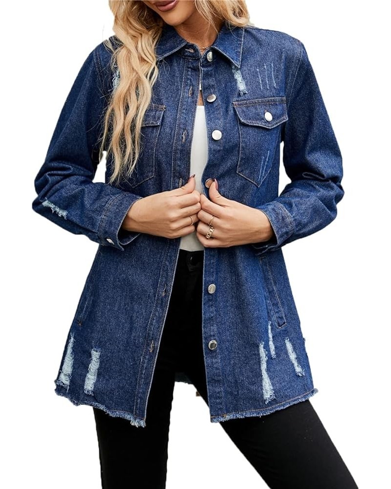 Denim Jacket for Women Long Sleeve Distressed Ripped Jean Coat Outerwear Dark Blue $23.51 Jackets