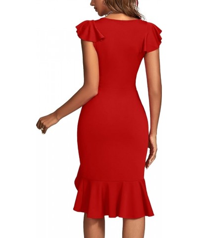 Women's Flutter Sleeve Crewneck Ruffle Hem Mermaid Sleeveless Party Short Dress Red $26.99 Dresses