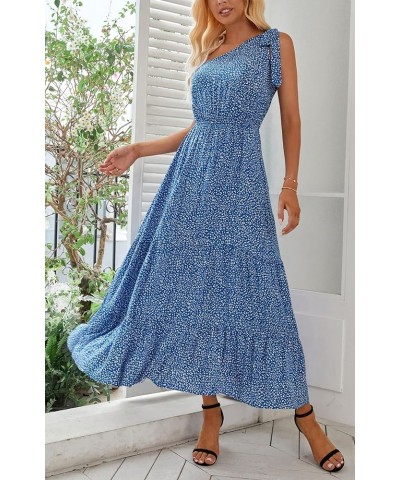 Women Floral Summer Knot One Shoulder Sleeveless Ruffled Tiered Flowy Boho Beach Maxi Long Dresses Blue/White Floral $11.39 D...