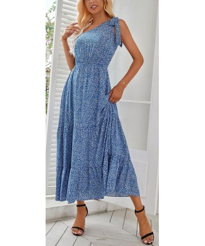 Women Floral Summer Knot One Shoulder Sleeveless Ruffled Tiered Flowy Boho Beach Maxi Long Dresses Blue/White Floral $11.39 D...