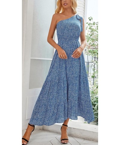 Women Floral Summer Knot One Shoulder Sleeveless Ruffled Tiered Flowy Boho Beach Maxi Long Dresses Blue/White Floral $11.39 D...