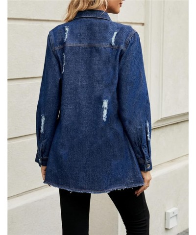 Denim Jacket for Women Long Sleeve Distressed Ripped Jean Coat Outerwear Dark Blue $23.51 Jackets