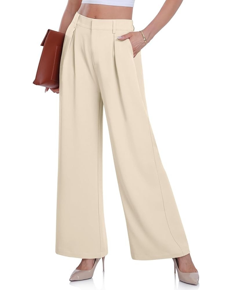 Women's Wide Leg Dress Pants High Elastic Waisted in The Back Business Work Causal Trousers Long Straight Suit Pants Apricot ...