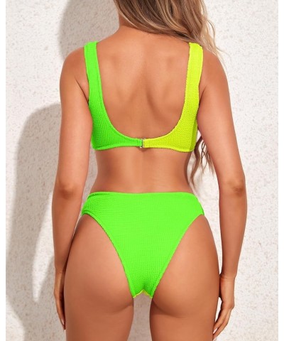 Womens High Cut Bikini Sets Ribbed 2 Piece Swimsuits Cheeky Thong Bathing Suit Color Block Push Up Top Teens Yellow/Green Hig...