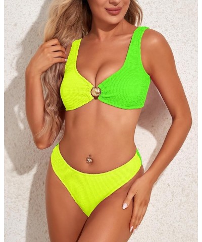 Womens High Cut Bikini Sets Ribbed 2 Piece Swimsuits Cheeky Thong Bathing Suit Color Block Push Up Top Teens Yellow/Green Hig...