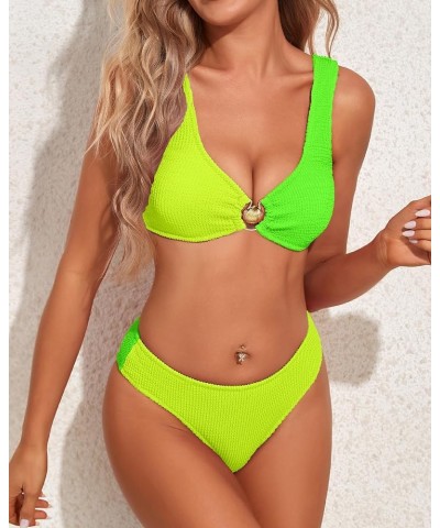 Womens High Cut Bikini Sets Ribbed 2 Piece Swimsuits Cheeky Thong Bathing Suit Color Block Push Up Top Teens Yellow/Green Hig...