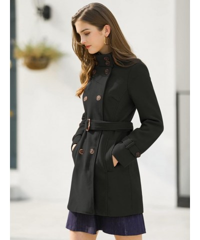 Women's Stand Collar Double Breasted Pockets Trendy Outwear Winter Coat with Belt Black $43.24 Coats