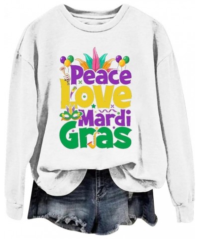 Womens Long Sleeve Pullover Top Peace Love Mardi Gras Printed Shirts Oversized Round Neck Loose Fall Fashion Sweatshirt White...