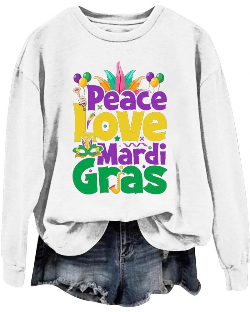 Womens Long Sleeve Pullover Top Peace Love Mardi Gras Printed Shirts Oversized Round Neck Loose Fall Fashion Sweatshirt White...