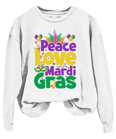 Womens Long Sleeve Pullover Top Peace Love Mardi Gras Printed Shirts Oversized Round Neck Loose Fall Fashion Sweatshirt White...