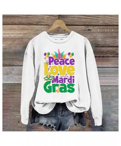 Womens Long Sleeve Pullover Top Peace Love Mardi Gras Printed Shirts Oversized Round Neck Loose Fall Fashion Sweatshirt White...