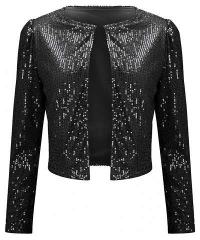 Sparkly Sequin Cropped Jacket for Women Elegant Long Sleeve Open Front Glitter Blazer Coat Party Evening Bolero Shrug Black $...