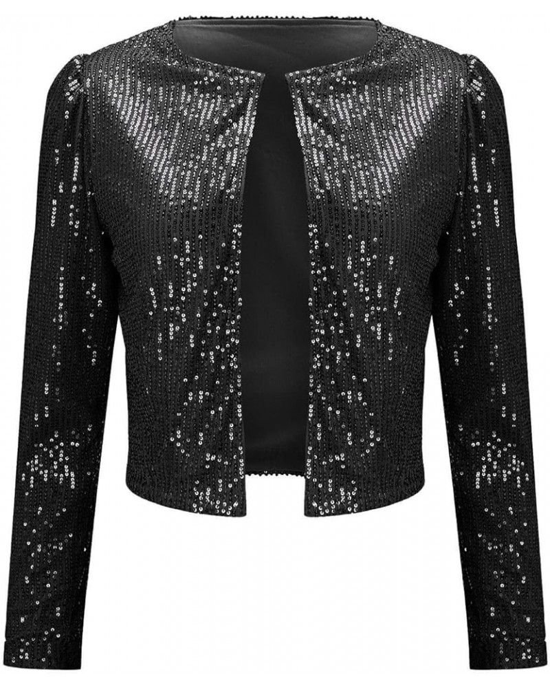 Sparkly Sequin Cropped Jacket for Women Elegant Long Sleeve Open Front Glitter Blazer Coat Party Evening Bolero Shrug Black $...