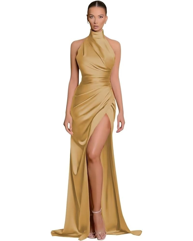 Halter Bridesmaid Dresses for Women with Slit Satin Mermaid Formal Gown and Evening Dresses Floor Length Gold $14.00 Dresses