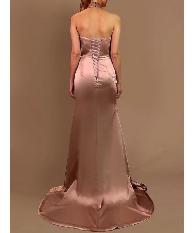 Halter Bridesmaid Dresses for Women with Slit Satin Mermaid Formal Gown and Evening Dresses Floor Length Gold $14.00 Dresses