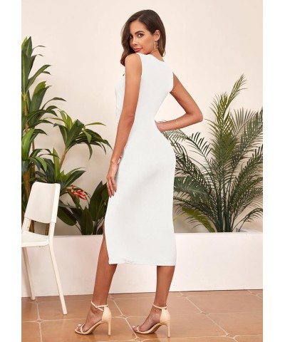 Women's Casual Sleeveless Cutout Twist Front Side Slit Ribbed Knit Party Bodycon Midi Dresses White $15.75 Dresses