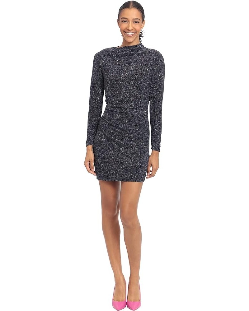 Women's High Asymmetric Neck Long Sleeve Mini Dress Blue Multi $17.11 Dresses