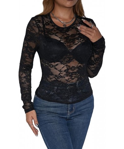 Women's Contrast Lace Long Sleeve See Through Blouse Tops Without Bra Azure Black $13.79 Blouses