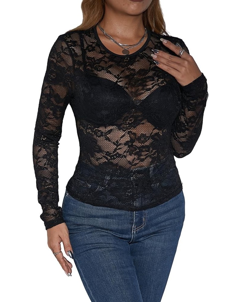 Women's Contrast Lace Long Sleeve See Through Blouse Tops Without Bra Azure Black $13.79 Blouses