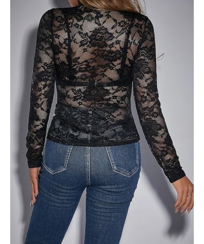 Women's Contrast Lace Long Sleeve See Through Blouse Tops Without Bra Azure Black $13.79 Blouses