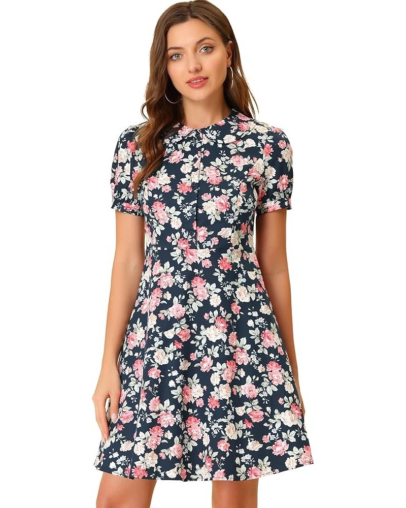 Retro Vintage Dress for Women's 50s Floral Peter Pan Collar Dresses Black $14.03 Dresses