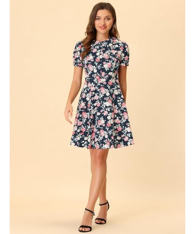 Retro Vintage Dress for Women's 50s Floral Peter Pan Collar Dresses Black $14.03 Dresses