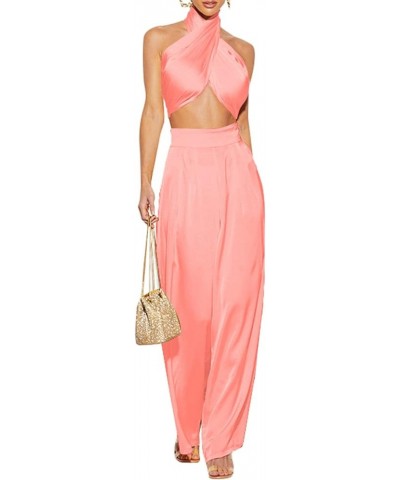 Summer Elegant Two Piece Outfits for Women, Sexy Halter Criss Cross Crop Tops and Wide Leg Pants Sets Shiny Clubwear Pink-1 $...