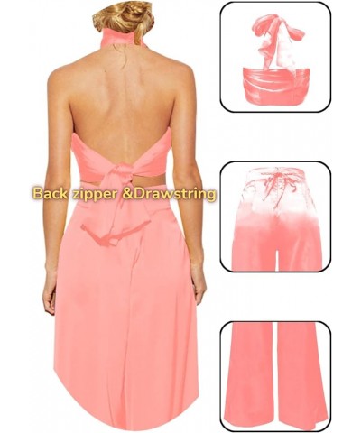 Summer Elegant Two Piece Outfits for Women, Sexy Halter Criss Cross Crop Tops and Wide Leg Pants Sets Shiny Clubwear Pink-1 $...