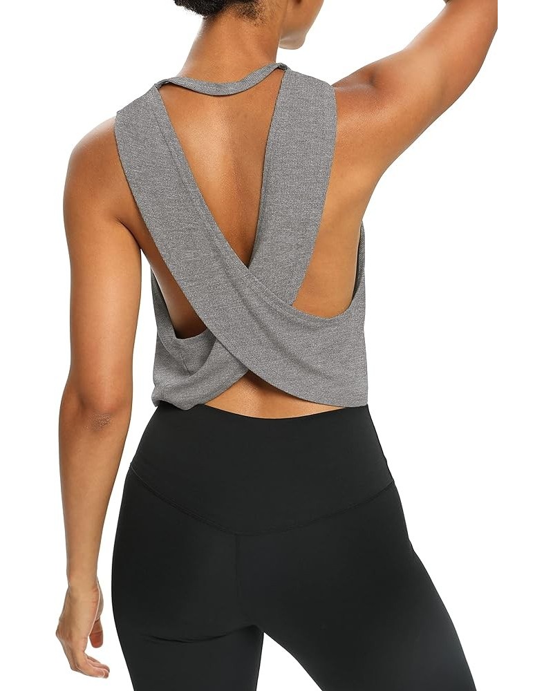 Womens Open Back Workout Tops Cropped Loose Fit Ribbed Yoga Tank Tops Backless Athletic Shirt Heather Gray $9.88 Activewear