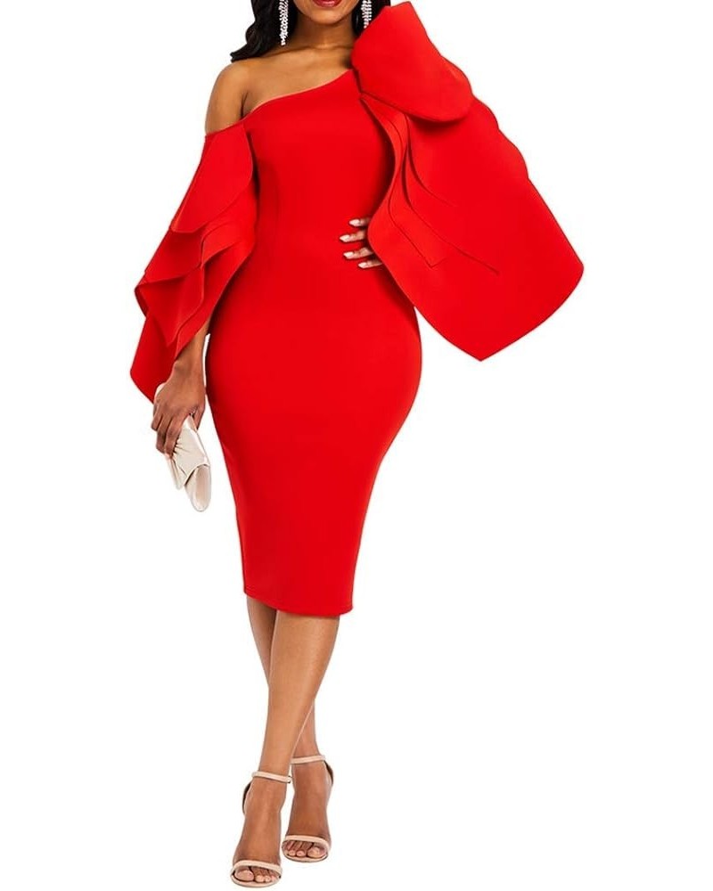 Bodycon Dress for Woman Long Sleeve Knee-Length Ruffle Sleeve Off Shoulder Evening Dress Red $38.99 Dresses