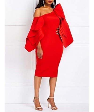 Bodycon Dress for Woman Long Sleeve Knee-Length Ruffle Sleeve Off Shoulder Evening Dress Red $38.99 Dresses