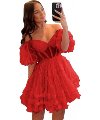 Women's Puffy Sleeve Homecoming Dresses Short for Teens Off The Shoulder A-Line Tulle Formal Cocktail Gown Red $35.74 Dresses