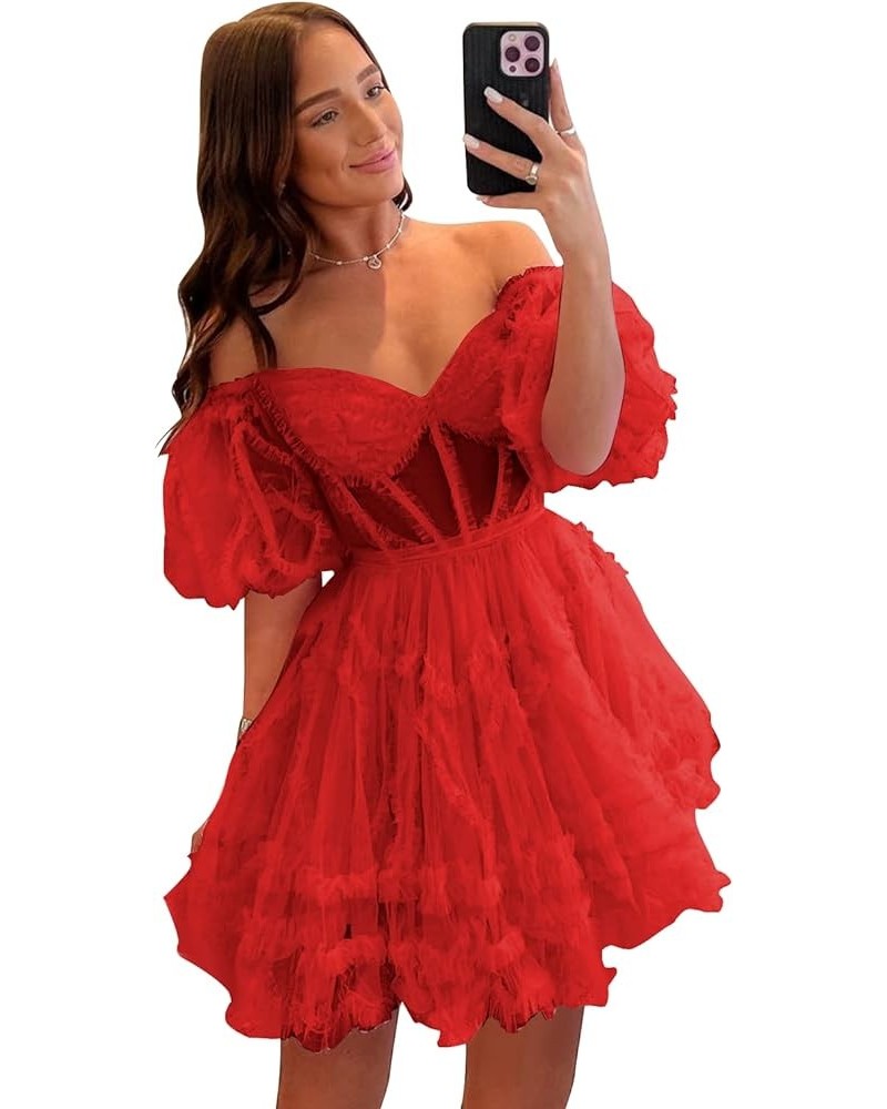 Women's Puffy Sleeve Homecoming Dresses Short for Teens Off The Shoulder A-Line Tulle Formal Cocktail Gown Red $35.74 Dresses