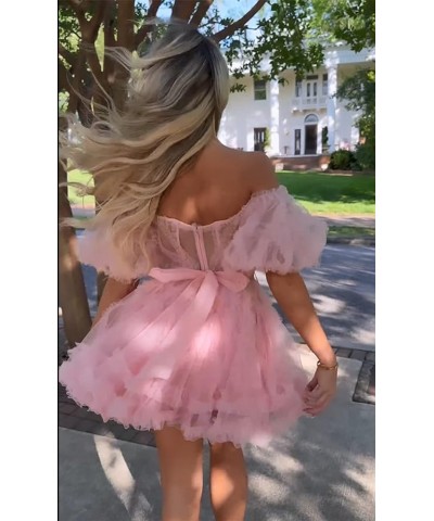 Women's Puffy Sleeve Homecoming Dresses Short for Teens Off The Shoulder A-Line Tulle Formal Cocktail Gown Red $35.74 Dresses