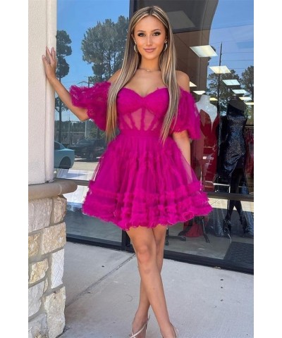 Women's Puffy Sleeve Homecoming Dresses Short for Teens Off The Shoulder A-Line Tulle Formal Cocktail Gown Red $35.74 Dresses