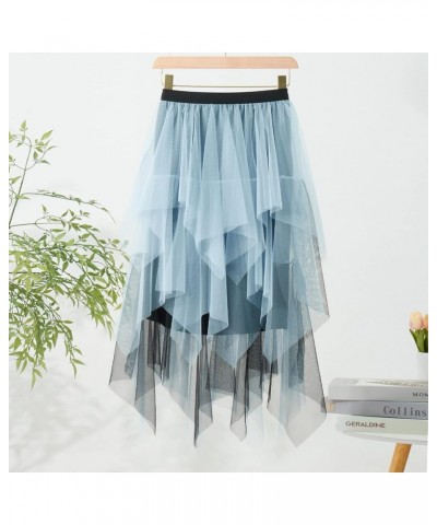 Women Lace Tulle Skirt Y2K Vintage Elastic High Waist Layered Tutu Skirt Tiered Cocktail Party A-Line Mesh Midi Skirt Z2-blue...