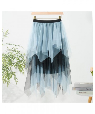 Women Lace Tulle Skirt Y2K Vintage Elastic High Waist Layered Tutu Skirt Tiered Cocktail Party A-Line Mesh Midi Skirt Z2-blue...