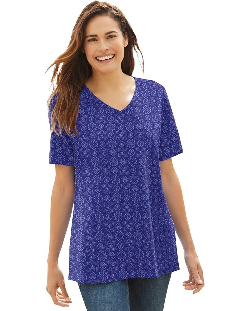 Women's Plus Size Perfect Printed Short-Sleeve V-Neck Tee Shirt Ultra Blue Tonal Geo $12.69 T-Shirts