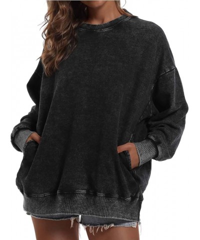 Oversized Sweatshirt for Women Loose Fit Cotton Pullover Vintage Crew Neck Sweatshirts with Pocket Long Sleeve Shirt Black $1...
