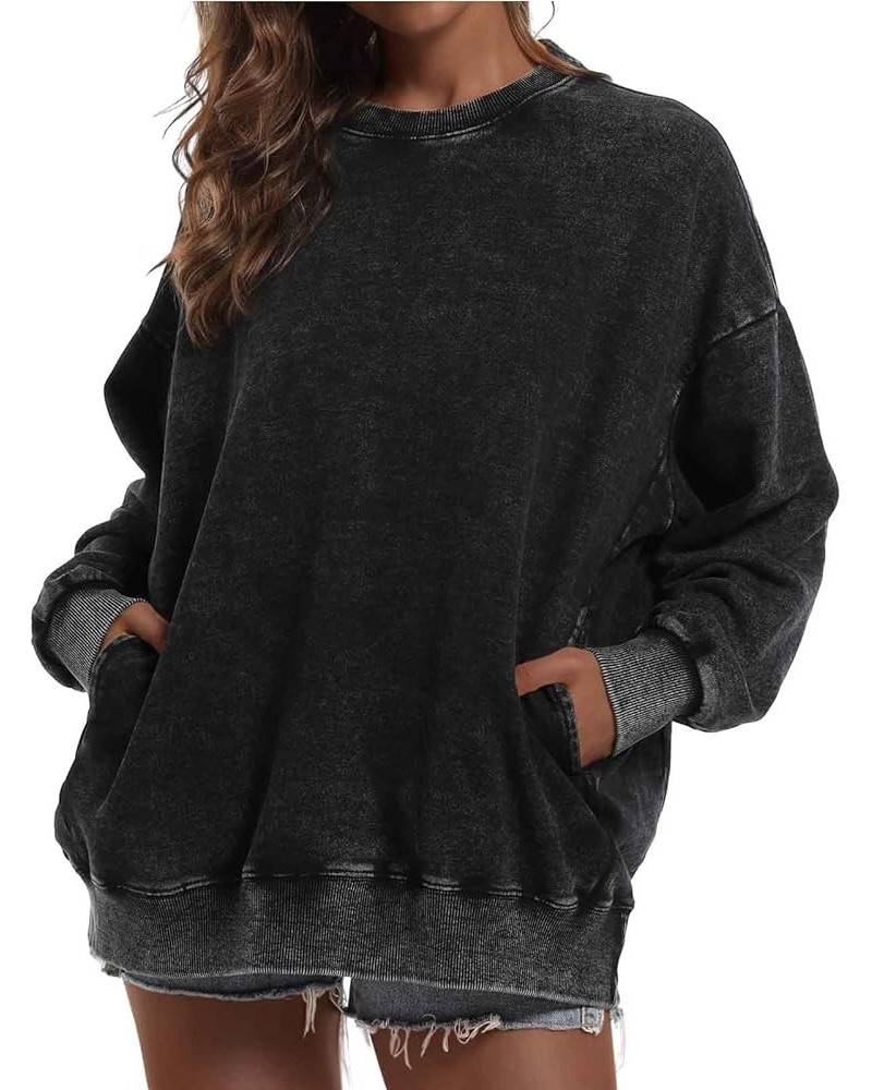 Oversized Sweatshirt for Women Loose Fit Cotton Pullover Vintage Crew Neck Sweatshirts with Pocket Long Sleeve Shirt Black $1...