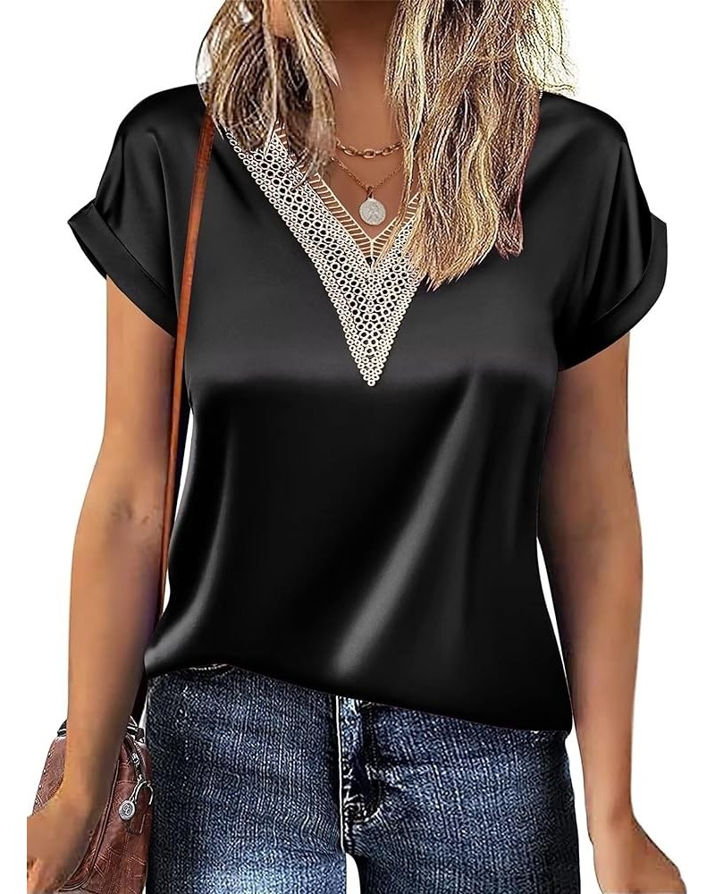 Satin Short Sleeve Blouse for Women Lace Trim V Neck Silk Tops Summer Casual T Shirt Black $9.89 Blouses